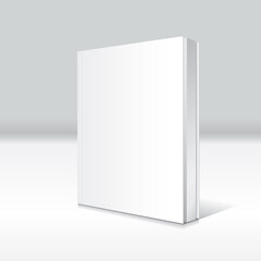 Blank white standing and slightly open thin softcover book or magazine mockup template.
