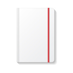 Blank white book or notebook rounded edges with red elastic top view mockup template.