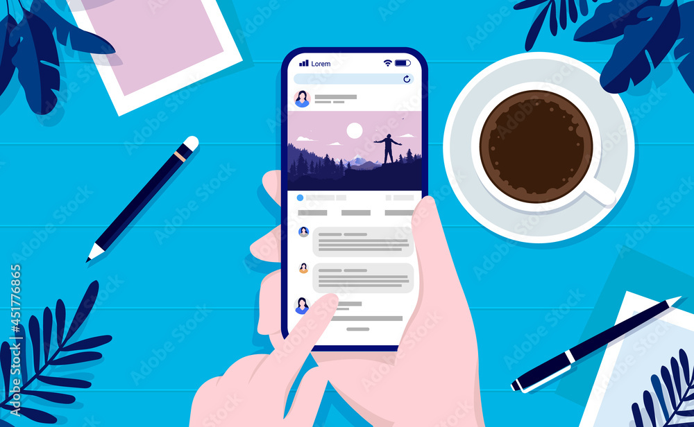 Fototapete Using social media at home - Hand holding phone and checking SOME with table in background. Top view vector illustration