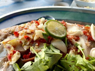 close up spicy yummy fish on dish
