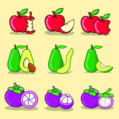 Apple, avocado, and mangosteen set illustration vector. isolated fruits illustration with yellow background