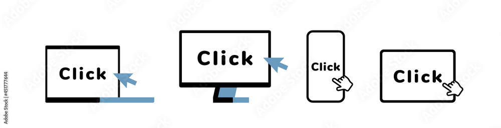 Poster pointer click arrow on computer, phone, laptop and tablet. design for web template, clicking, search