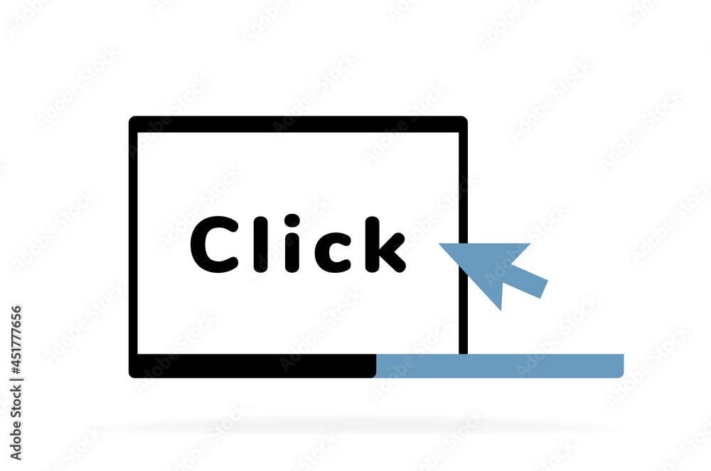 Poster pointer click arrow on laptop. design for web template, clicking, search and app. vector illustratio
