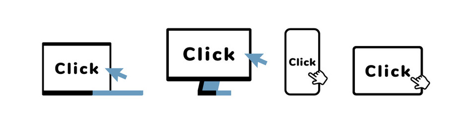 Pointer click arrow on computer, phone, laptop and tablet. Design for web template, clicking, search and app . Vector illustration