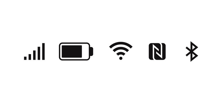 Wireless network icons. Mobile GSM network Wi-Fi, Bluetooth and NFC signal smartphone status bar icons. Vector mobile gadget pictograms set
