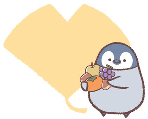 秋の味覚を持ったペンギンヒナとイチョウのフレーム