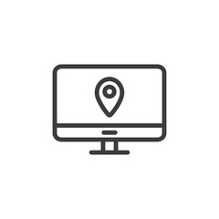 Desktop computer with map pin icon. Location or navigation sign