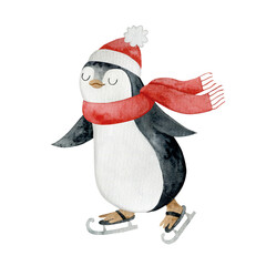 Watercolor Christmas illustration with cute penguin skating.