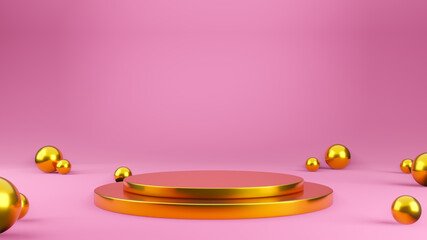 Gold metallic Mock Up Stand Template with golden sphere on pink background for Product Advertising and Commercial, 3D rendering.