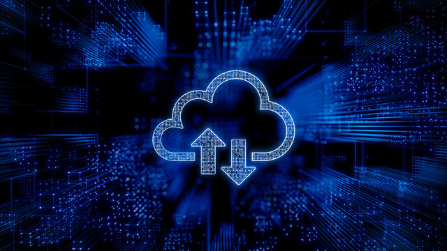 Data storage Technology Concept with cloud symbol against a Futuristic, Blue Digital Grid background. Network Tech Wallpaper. 3D Render 