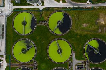 Aerial view of a sewage and waste water treatment works in the UK