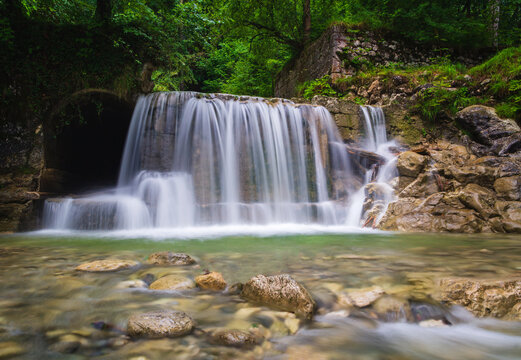 Sankt Gilgen waterfall in Austrian Alps, klausbach valley near attersee. Long exposure