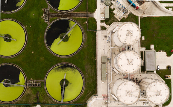 Aerial View Of A Sewage And Waste Water Treatment Works In The UK