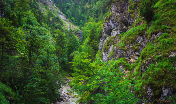 Sankt Gilgen waterfall in Austrian Alps, klausbach valley near attersee. Long exposure