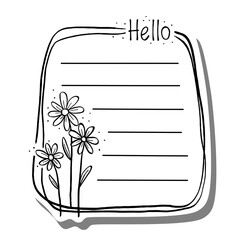 Doodle Cute Three Flowers bottom left and Hello on white and gray silhouette for cut file. Black line in for message like notepaper. Vector illustration about stationery.