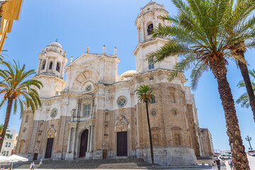 Fa&ccedil;ade of beautiful Cathedral of Cadiz, View of main entrance.  Roman Catholic church in C&aacute;diz, southern Spain.  Architect Vicente Acero. Neoclassical style. 
