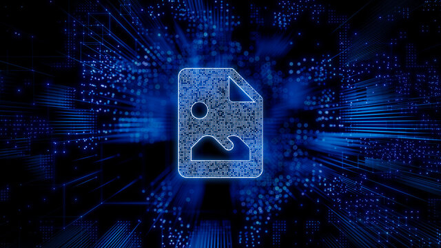 Image Technology Concept with picture symbol against a Futuristic, Blue Digital Grid background. Network Tech Wallpaper. 3D Render 