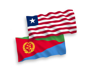Obraz premium National vector fabric wave flags of Eritrea and Liberia isolated on white background. 1 to 2 proportion.