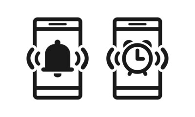 Alarm clock on smartphone screen. Mobile phone with notification bell icon. Alarm clock, reminder sign symbol. Wake up time settings. Illustration vector