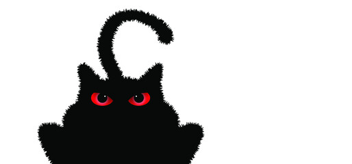 Angry, angered black cat face with big red eyes. Happy halloween day, friday 13. Red scary cats. Vector spooky sign.