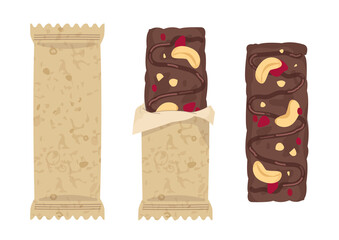 Set Chocolate muesli bar with peanuts and pieces of dried cherries and candied fruits. In the package and an open granola bar. An organic, vegan, gluten-free dessert. Sports nutrition Vector, isolated