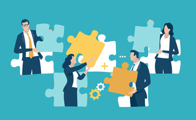People holding puzzle elements. The concept of teamwork, solving problem. Vector illustration.
