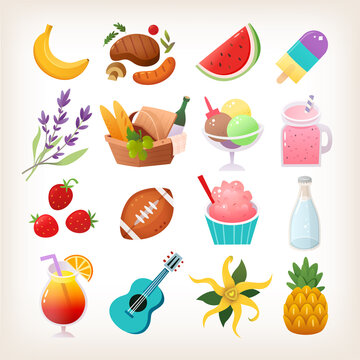 Set of colorful summer picnic icons ice creams fruit and flowers. Items you take to an outdoors party. Isolated vector stickers.