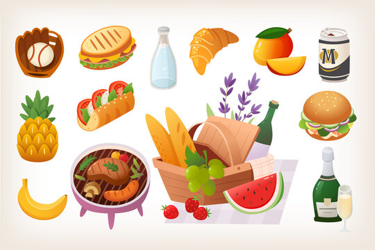 Set of summer picnic party images with fruit, basket and wine. Isolated colorful vector stickers.
