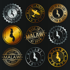 Malawi Business Metal Stamps. Gold Made In Product Seal. National Logo Icon. Symbol Design Insignia Country.