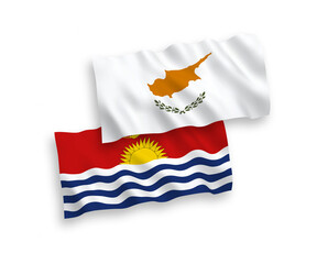 National vector fabric wave flags of Cyprus and Republic of Kiribati isolated on white background. 1 to 2 proportion.