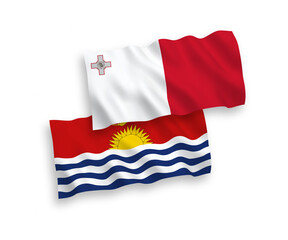 National vector fabric wave flags of Malta and Republic of Kiribati isolated on white background. 1 to 2 proportion.