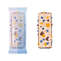 Seth Chocolate granola bar with chocolate, candied fruits, blueberries. In a blue transparent package and an open granola bar. An organic, vegan, gluten-free dessert. Sports nutrition vector isolated