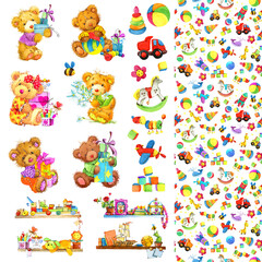 cute teddy bears collection isolated on white with kids toys elements and cute seamless pattern. watercolor cartoon animal