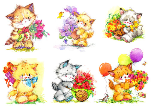 Cartoon kittens watercolor set. Cute cats illustration. 