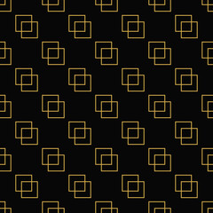 Gold squares geometric seamless pattern on black background.