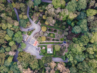 Aerial view of the garden inside Pena Palace castle among the forest trees, SIntra, Lisbon, Portugal