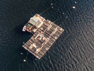 Aerial view of a floating structure for fishing in Lagoa de Albufeira, a lake in Setubal, Portugal