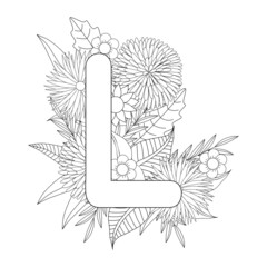 Letter L coloring page. Floral coloring.