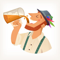 Ginger man with beard in hat drinking beer with foam pouring it from big full mug into the mouth. Isolated vector illustration 