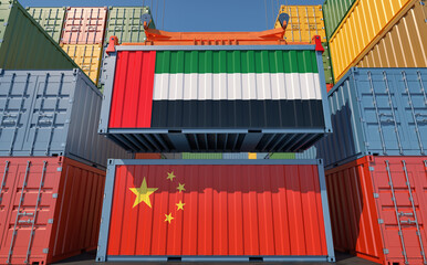 Freight containers with China and United Arab Emirates national flags. 3D Rendering 