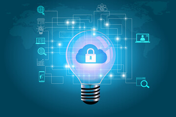 Glowing light bulb with creative new idea. padlock icon and solution concepts. security networking concept