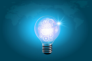 Glowing idea light bulb and innovation thinking creative concept on success inspiration blue map...