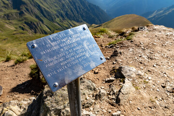 Signs and indicators on Moldoveanu Peak.The highest mountain peak in Romania, 2544 meters.The Făgăraș Mountains from Romania.14.08.2021