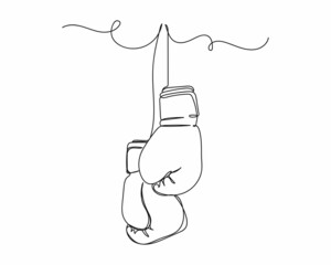 Continuous one line drawing of pair of boxing gloves hanging icon in silhouette on a white background. Linear stylized.