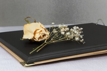 Decorative photo of a notebook with black leaves and dried flowers of a white rose