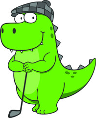 Fototapeta premium A Cute Dinosaur Wears Beret Cap Leaning On Its Golf Club