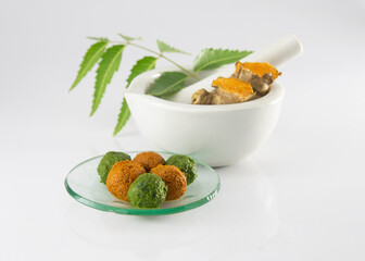 Neem and Turmeric balls an Yogic Food to Kick Start Your Day. Treditional health care.