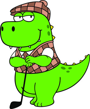A Cute Dinosaur with Old Fashioned Costumes Leaning On Its Golf Club
