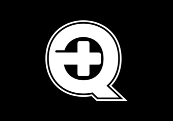 Initial Q monogram alphabet with a plus logo sign white in black background. Font emblem. Modern vector logo for medical or health business, and company identity