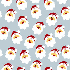 Christmas seamless pattern with cute design of Santa's head in a red hat. A pattern on a gray background.